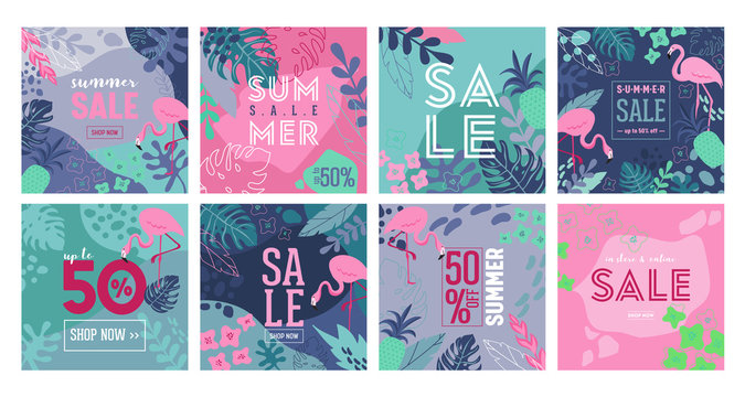 Set Of Summer Sale Poster With Tropic Leaves, Flowers, Flamingoes, Advertisement Banner And Tropical Background In Modern Flat Style, Flash Spring Special Offer, Poster Vacation Ad, Flyer. Vector