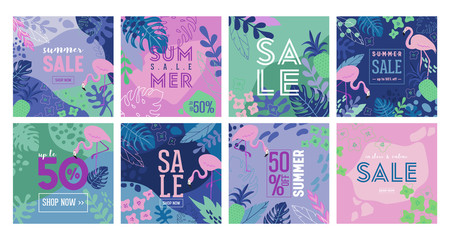 Set of Summer Sale poster with tropic leaves, flowers, flamingoes, advertisement banner and tropical background in modern flat style, flash spring special offer, poster vacation ad, flyer. Vector