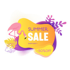Summer sale banner template. Liquid abstract geometric bubble with tropic flowers and flamingo, Tropical background and backdrop, Promo badge for seasonal offer, promotion, advertising. Vector