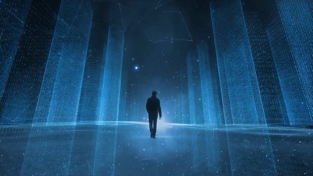 Businessman walks alone in artistic computer cyberspace network.