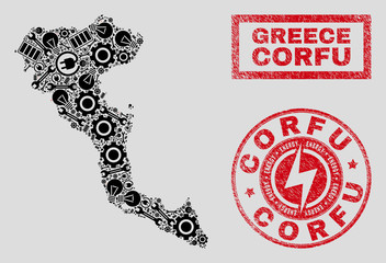 Composition of mosaic power supply Corfu Island map and grunge seals. Collage vector Corfu Island map is designed with equipment and power icons. Black and red colors used.