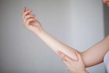 Arms Pain. Beautiful Woman Body Feeling Pain In Shoulders