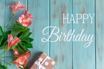 Greeting card with the inscription happy birthday. Congratulatory greeting to the girl, mother with...