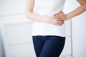 Woman Having Painful Stomachache, Female Suffering From Abdominal Pain