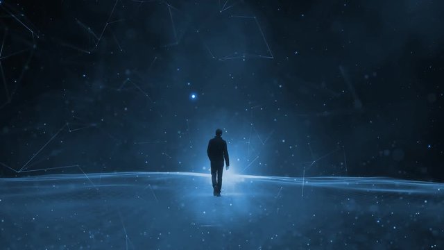 Man walks in artificial intelligence computer network cyberspace.
