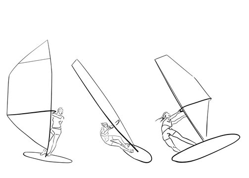 Set Of Female Windsurfers On Windsurf Board. Abstract Isolated Contour. Hand Drawn Outlines. Black Line Drawing. Windsurfing Illustration. Vector Silhouette.