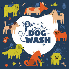 Vector illustration with different dog breeds. Funny poster with akita inu, jack russell, spitz, pug, corgi, terrier, sharpei. Dog wash logo. Icon for pet cleaning service. Cute postcard with puppies.