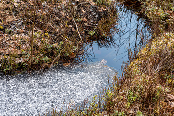 pieces of frozen ice in the lake in dim winter day