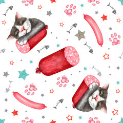 Seamless pattern with happy cat and sausages. Hand drawn watercolor - 272324046