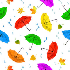 Fototapeta na wymiar Seamless multicolored pattern with falling leaves and umbrellas. Hand drawn watercolor