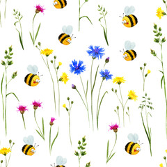 Seamless floral wildflowers pattern with funny bees. Hand drawn watercolor