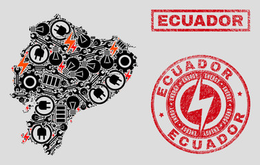 Composition of mosaic power supply Ecuador map and grunge stamps. Collage vector Ecuador map is composed with repair and energy icons. Black and red colors used. Abstraction for power supply business.