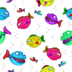 Childish seamless pattern with funny multicolored fishes. Hand drawn watercolor - 272324081