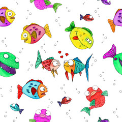 Childish seamless pattern with funny multicolored fishes. Hand drawn watercolor - 272324083