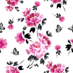 Seamless ink pattern of beautiful peonies and butterflies. Chinese painting. Hand drawn - 272324091