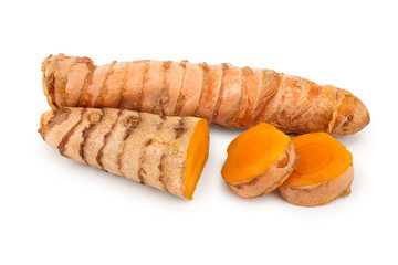 turmeric root and slices isolated on white background