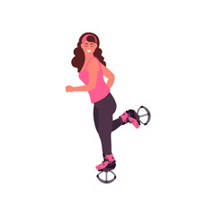 Kangoo jumps. Young girl jumping on kangoo training. Aerobic exercises. Vector illustration