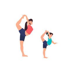Fototapeta premium Vector illustration of mom and daughter doing posa yoga. Pilates. Family yoga vector illustration