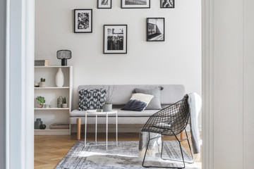 Gallery of black and white posters on the wall of classy living room interior
