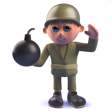 Army soldier cartoon character in 3d holding a bomb