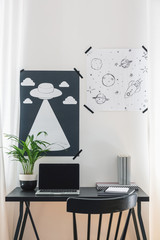 Stylish posters on the wall above black desk with laptop, plant and books in modern home office, real photo