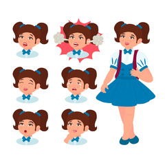 Collection of various emotion expression avatar school girl happy, angry, sad, funny, crying. Set of facial emotions. Vector illustration in cartoon style.