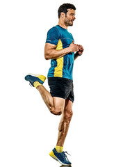 Fototapeta premium one caucasian handsome mature man running runner jogging jogger isolated on white background