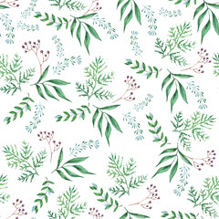 Fototapeta na wymiar Seamless pattern of foliage natural branches, green leaves, herbs, tropical plant. Hand drawn watercolor. Vector fresh rustic eco background on white