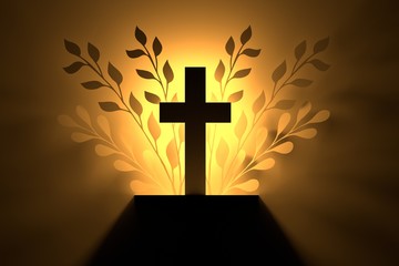 Religious cross with foliage leaves silhouettes in golden light. 3d illustration.