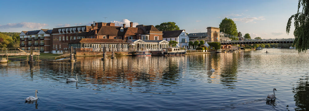 Panoramic View Of The Compleat Angler Restaurant And Suspension Bridge Over The River Thames At Marlow In Buckinghamshire, UK