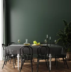 Foto op Plexiglas Poster, wall mock up in dark green dining room interior, 3d render © artjafara
