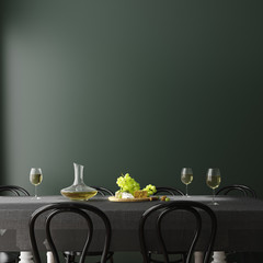 Poster, wall mock up in dark green dining room interior, 3d render