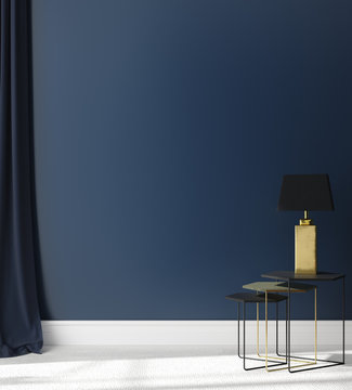 Wall mock up in dark blue interior background, 3d render