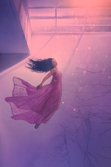 mysterious sleeping girl with long flowing black hair, levitating beauty in long flying pink tender...