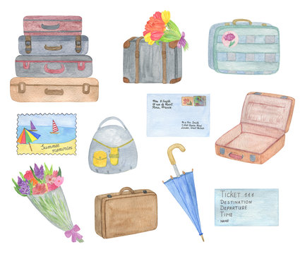 Set Old Fashioned Travel Suitcases Labels Hand Drawn Watercolor