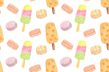 Food illustration, hand drawn seamless pattern, simple ornament of ice cream cones and macarons