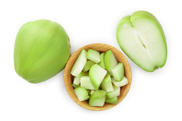fresh Chayote vegetable isolated on white background. Top view. Flat lay