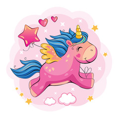 Flying pink unicorn with a balloon. Cute cartoon pony. Romantic story. Wonderland. Cartoon illustration with clouds, stars and hearts. Vector