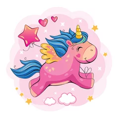Fotobehang Flying pink unicorn with a balloon. Cute cartoon pony. Romantic story. Wonderland. Cartoon illustration with clouds, stars and hearts. Vector © penochka1