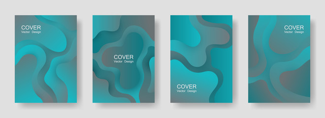 Gradient fluid shapes abstract covers vector set. Hipster magazine backgrounds design. Flux paper cut effect blob elements pattern, fluid wavy shapes texture print. Cover templates.