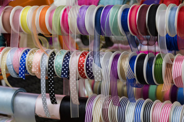 colorful ribbons in the store for hobbies.