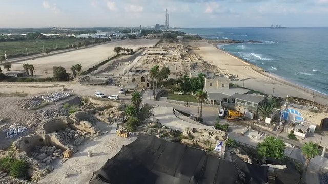Aerial fly-over Caesarea Ruins and Hippodrome Area. Israel. DJI-0011-05