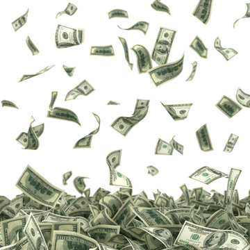 dollars bills falling on heap of money 3d illustration