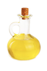 A glass bottle with oil isolated on a white background
