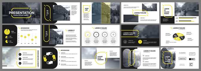 Presentation template, yellow and black infographic elements. Vector slide template for business project presentations and marketing.