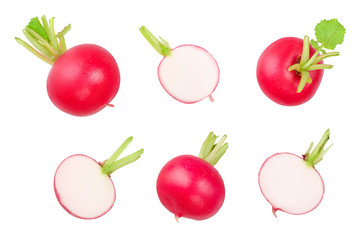 Set of fresh whole and sliced radish isolated on white background. Top view