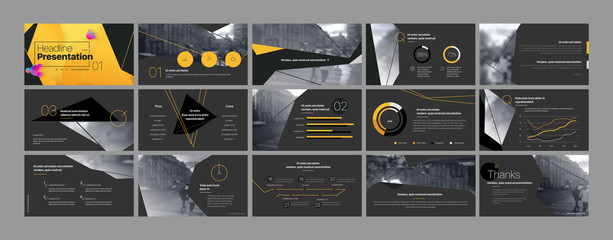 Presentation template, orange and black infographic elements. Vector slide template for business project presentations and marketing.