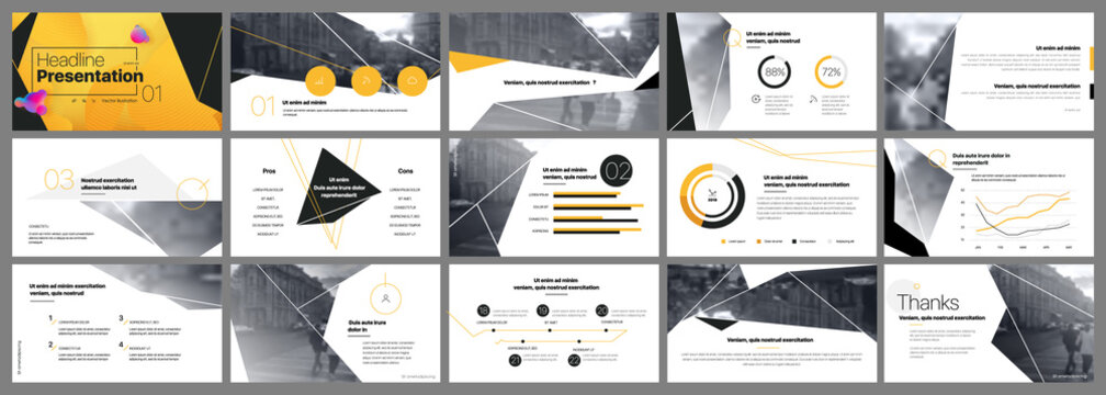 Presentation template, orange and black infographic elements. Vector slide template for business project presentations and marketing.