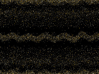 Gold sparkles glitter dust metallic confetti on black vector background.