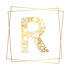 Golden and White Floral Ornamental Alphabet, Initial Letter R Font with Modern Stylized Frames. Abstract Lines Poster. Vector Typography Symbol for Gold Wedding. Monograms Isolated Design